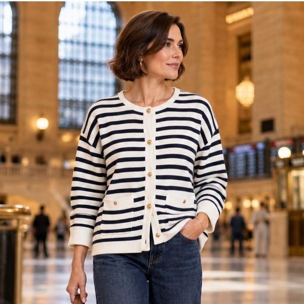 J. Crew Womens Emilie Sweater Lady Jacket Cardigan XXL Ivory Navy Striped Preppy